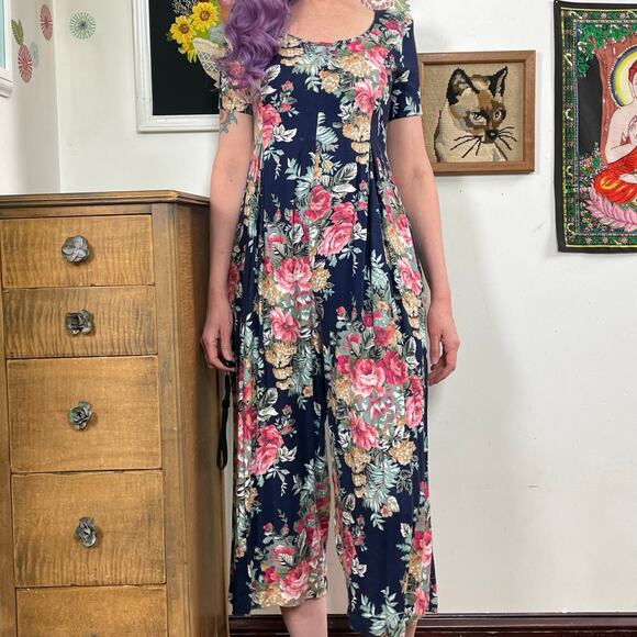 Vintage Floral Rayon Jumpsuit, 1980s Navy & Pink One Piece by Expo, Sz S - Picture 5 of 11